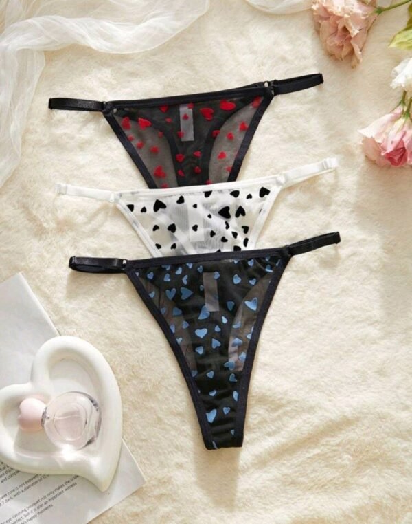 Eraneu 3pcs/Set Sexy Heart Flocked Women's G-String Panties, Valentine's Day - Image 2