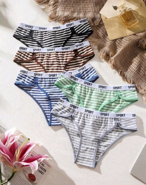 Eraneu 5pack Striped Print Letter Tape Waist Panty Sports