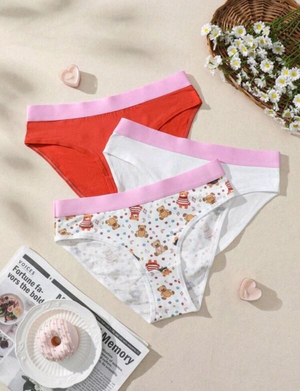 Eraneu 3 Pcs Casual Comfy Cotton Panties With Cute Bear Print, Pink Waistband
