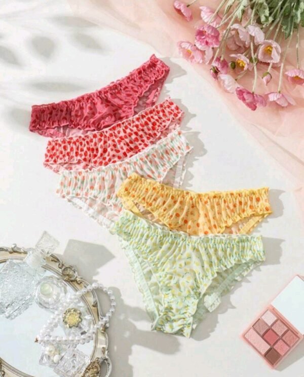 Eraneu 5pcs/Set Vintage & Cute Net Yarn & Fruit Print Low-Rise Triangle Panties