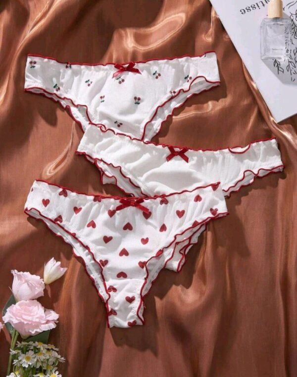 Eraneu 3pack Heart Print Lettuce Trim Bow Front Panty Set