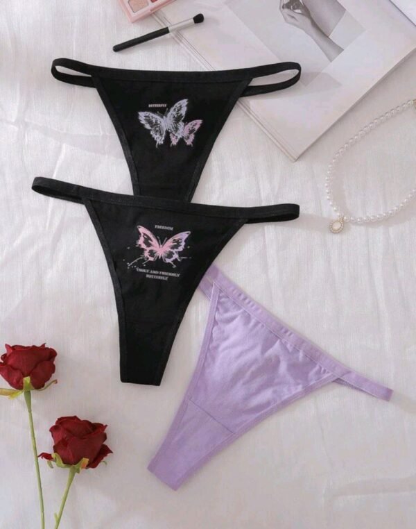 Eraneu 3pcs/Pack Y2K Butterfly Print Colorblock Thong Panties, Casual & Comfortable For Women
