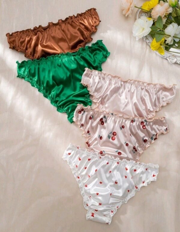 Eraneu 5pack Heart & Cherry Print Lettuce Trim Satin Panty - Image 2