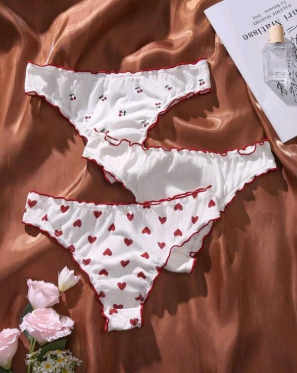Eraneu 3pack Heart Print Lettuce Trim Bow Front Panty Set - Image 2