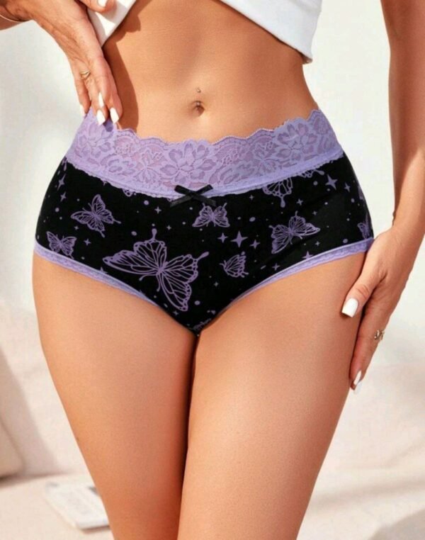 Eraneu Butterfly Print Contrast Lace Bow Front Brief - Image 3