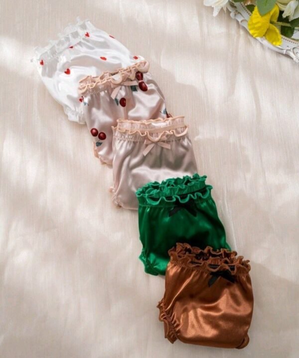 Eraneu 5pack Heart & Cherry Print Lettuce Trim Satin Panty - Image 3