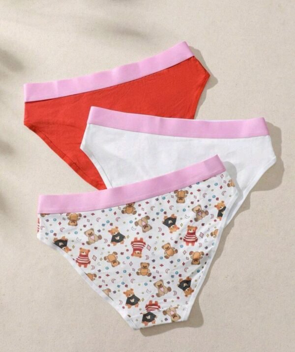Eraneu 3 Pcs Casual Comfy Cotton Panties With Cute Bear Print, Pink Waistband - Image 3