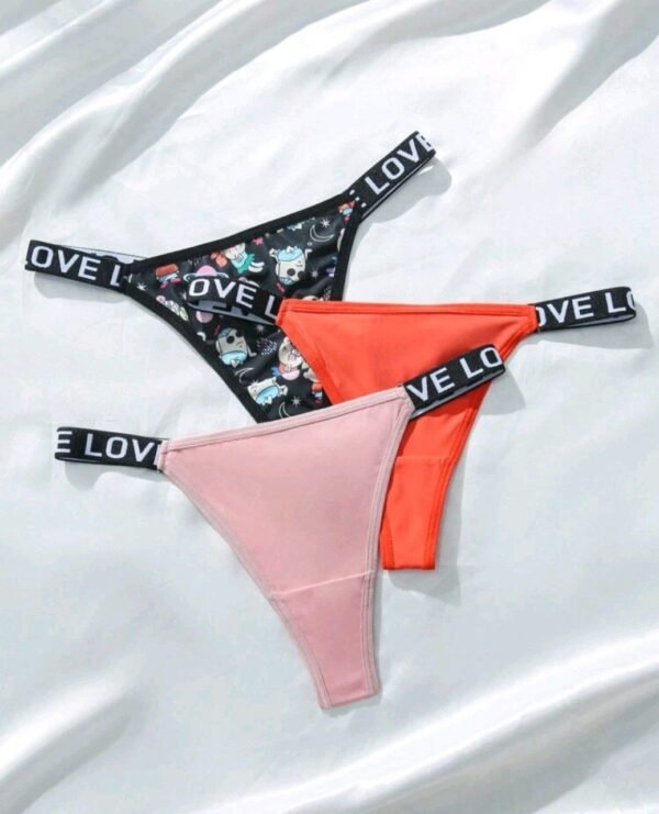 Eraneu 3pcs/Pack Women's Funny Print Cartoon Love Letter Graphic Thong Panties - Image 4
