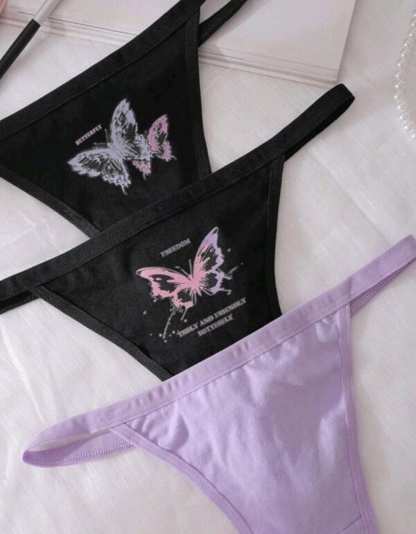 Eraneu 3pcs/Pack Y2K Butterfly Print Colorblock Thong Panties, Casual & Comfortable For Women - Image 4