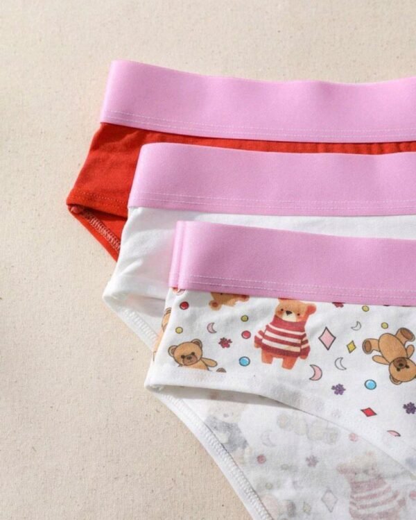 Eraneu 3 Pcs Casual Comfy Cotton Panties With Cute Bear Print, Pink Waistband - Image 4