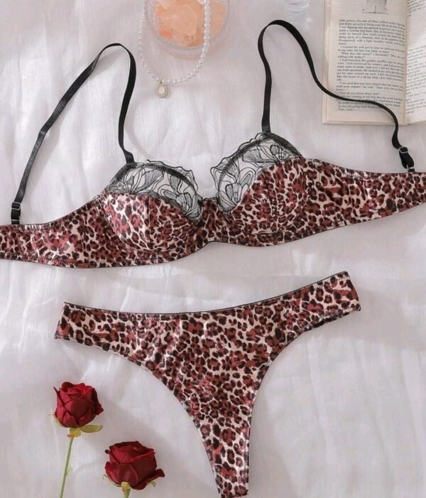 Eraneu Women Floral Mesh & Leopard Print Lingerie Set - Image 4