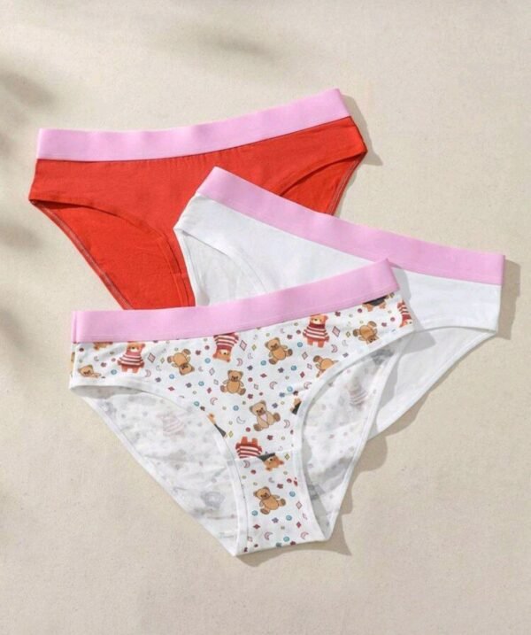 Eraneu 3 Pcs Casual Comfy Cotton Panties With Cute Bear Print, Pink Waistband - Image 5
